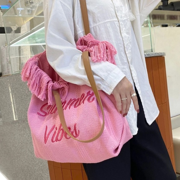 Luxe Vegan Leather Straps Summer Vibes Large Travel Beach Bag - Picture 2 of 10